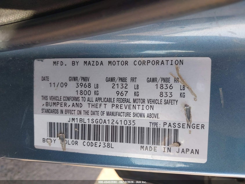 2010 Mazda 3 VIN JM1BL1SG0A1241035 IAAI salvage auction — FRONT END, Salvage (California), sold $525 on 2026-07-14 (photo 9)