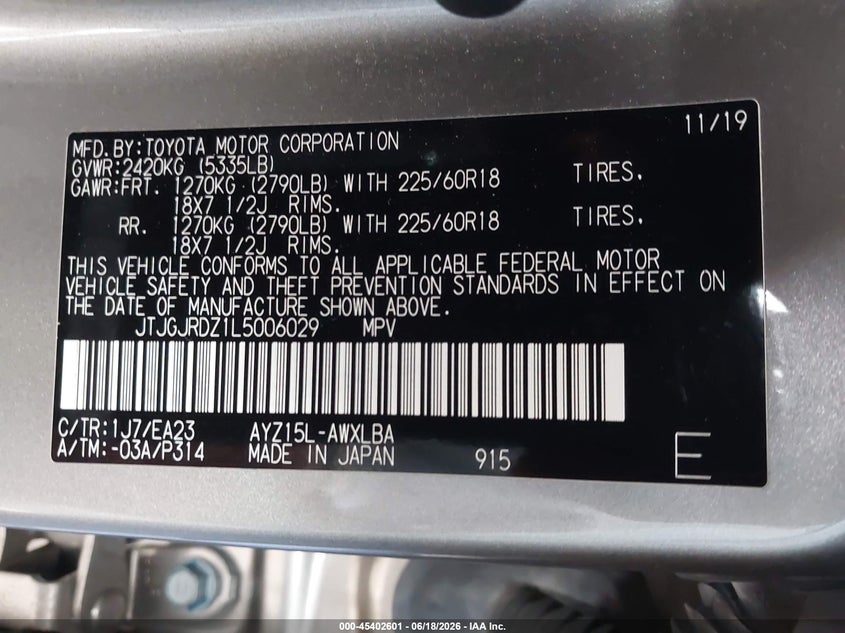 2020 Lexus Nx VIN JTJGJRDZ1L5006029 IAAI salvage auction — FRONT END, Salvage (California), sold $14,050 on 2026-07-08 (photo 9)