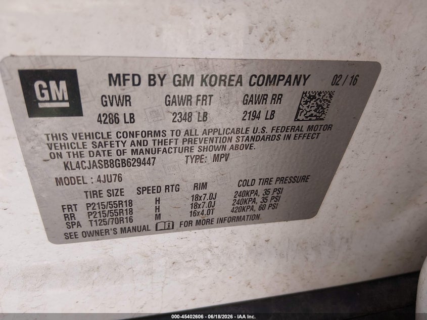 2016 Buick Encore VIN KL4CJASB8GB629447 IAAI salvage auction — FRONT END, Wait Title, sold $250 on 2026-08-26 (photo 9)