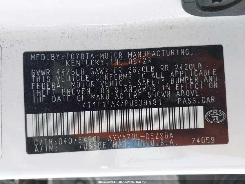 2023 Toyota Camry VIN 4T1T11AK7PU839481 IAAI salvage auction — FRONT END, Salvage Title, sold $7,800 on 2026-08-01 (photo 9)