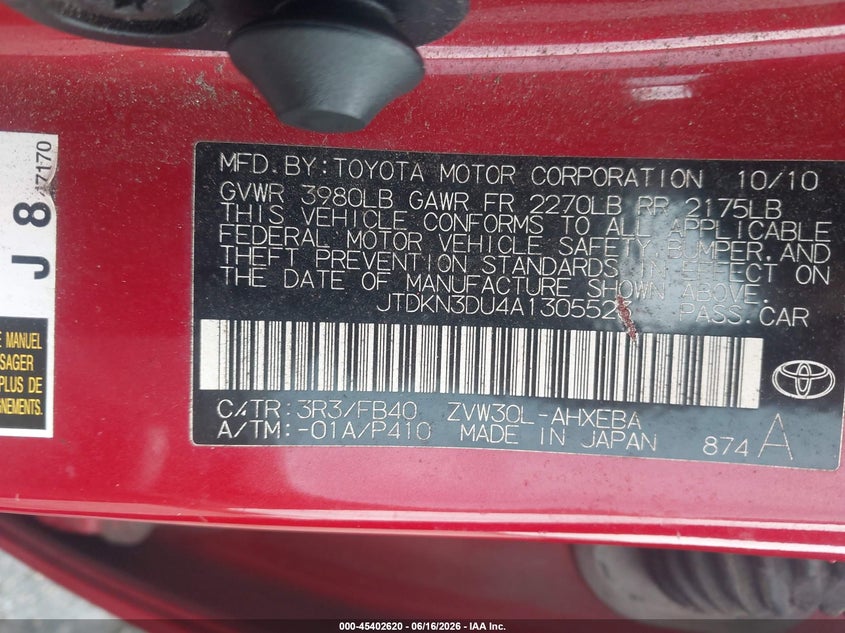2010 Toyota Prius VIN JTDKN3DU4A1305523 IAAI salvage auction — NORMAL WEAR, Clear (Florida), sold $1,050 on 2026-07-24 (photo 9)