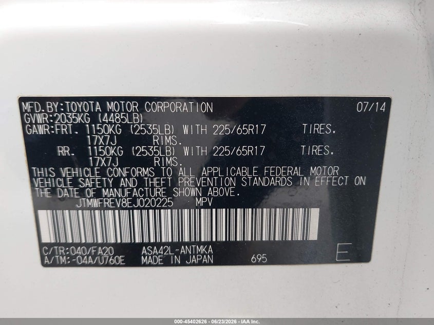 2014 Toyota Rav 4 VIN JTMWFREV8EJ020225 IAAI salvage auction — RIGHT SIDE, Salvage (California), sold $4,450 on 2026-07-08 (photo 9)