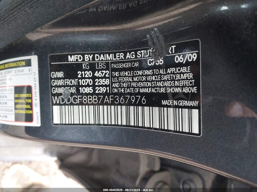 2010 Mercedes-benz C-klasse VIN WDDGF8BB7AF367976 IAAI salvage auction — FRONT END, Mv-907A (New York), sold $500 on 2026-07-14 (photo 9)