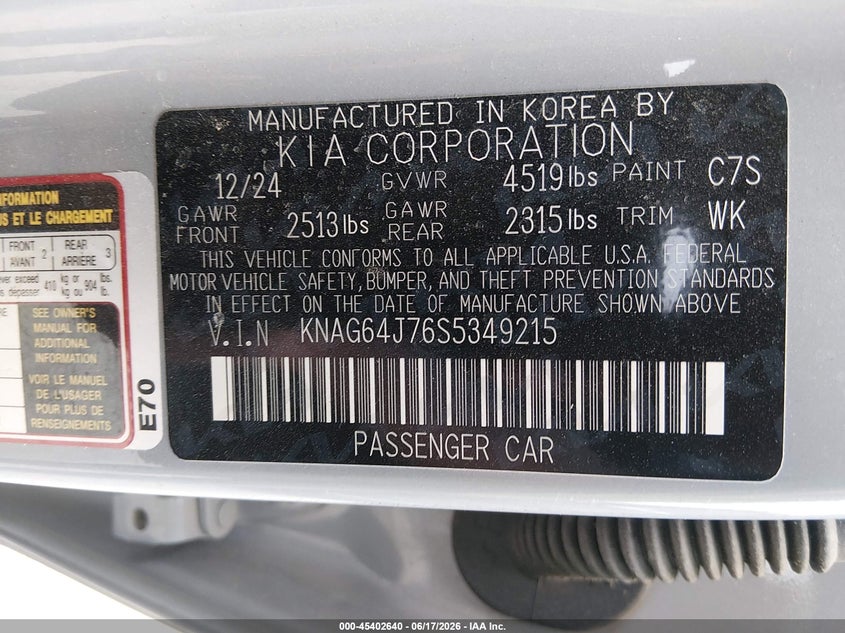 2025 Kia K5 VIN KNAG64J76S5349215 IAAI salvage auction — FRONT END, Salvage Title, sold $5,500 on 2026-07-29 (photo 9)