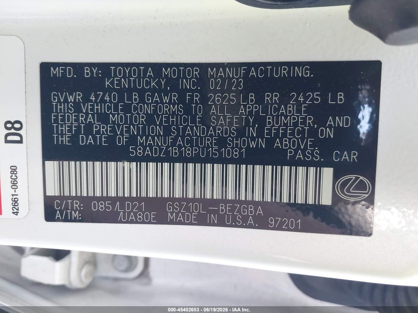 2023 Lexus ES VIN 58ADZ1B18PU151081 IAAI salvage auction — REAR END, Salvage Title, sold $21,700 on 2026-08-01 (photo 9)