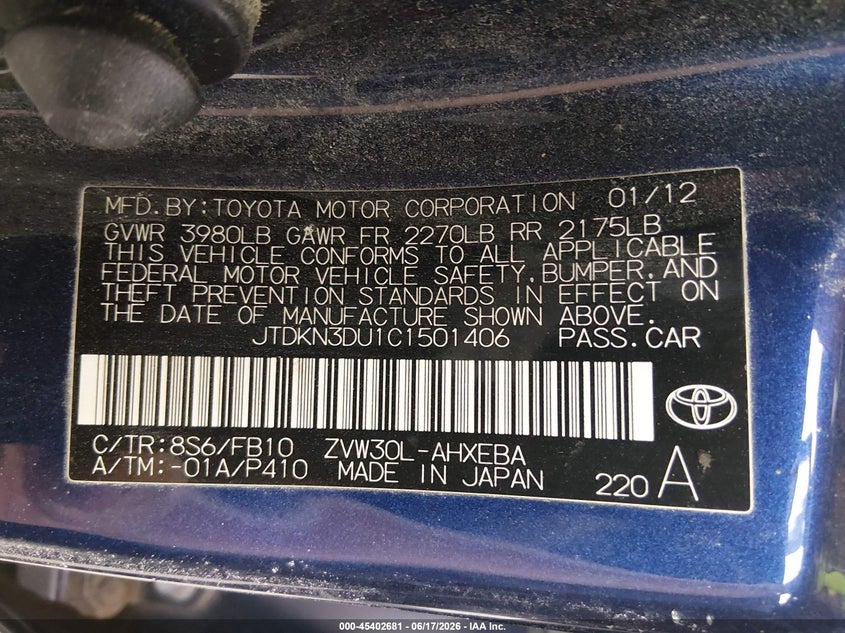 2012 Toyota Prius VIN JTDKN3DU1C1501406 IAAI salvage auction — FRONT END, Bill Of Sale (Washington), sold $825 on 2026-07-08 (photo 9)