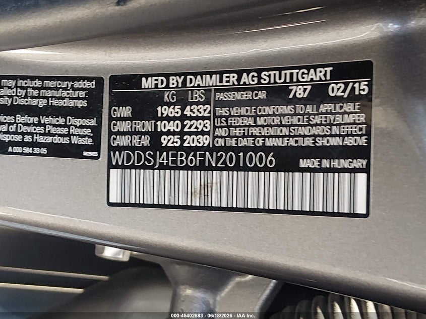 2015 Mercedes-benz Cla-klasse VIN WDDSJ4EB6FN201006 IAAI salvage auction — SIDE, Bill Of Sale (Washington), sold $1,100 on 2026-07-08 (photo 9)