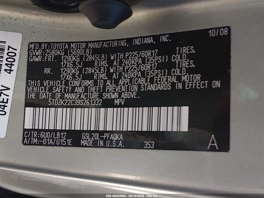 2009 Toyota Sienna VIN 5TDZK22C39S261332 IAAI salvage auction — SIDE, Bill Of Sale (Washington), sold $1,050 on 2026-07-22 (photo 9)