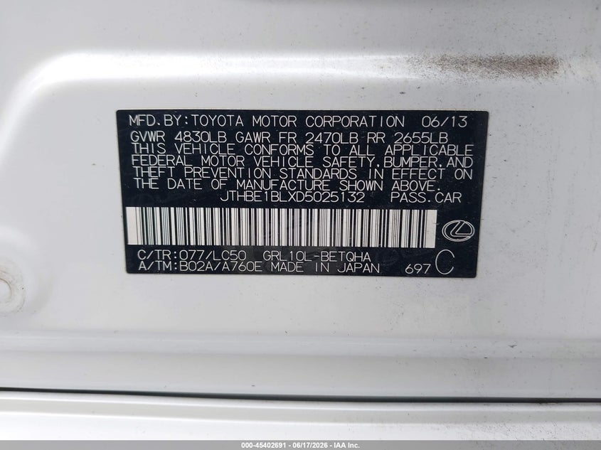 2013 Lexus Gs VIN JTHBE1BLXD5025132 IAAI salvage auction — SIDE, Bill Of Sale (Washington), sold $2,800 on 2026-07-08 (photo 9)