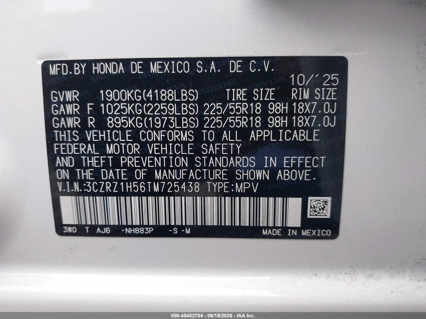 2026 Honda Hr-v VIN 3CZRZ1H56TM725438 IAAI salvage auction — RIGHT REAR, Salvage Title, sold $7,000 on 2026-08-20 (photo 9)