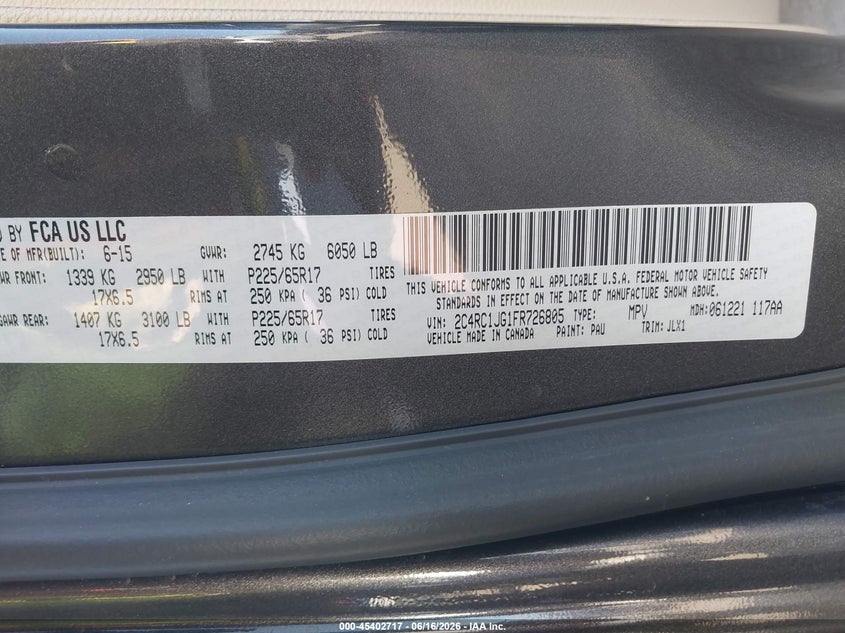 2015 Chrysler Town & country VIN 2C4RC1JG1FR726805 IAAI salvage auction — LEFT FRONT, Salvage (California), sold $775 on 2026-07-09 (photo 9)