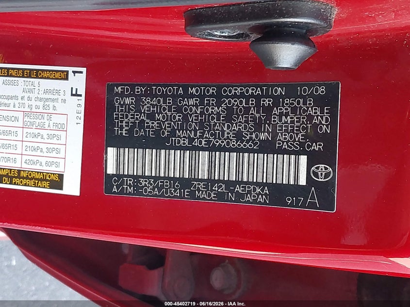2009 Toyota Corolla VIN JTDBL40E799086662 IAAI salvage auction — NORMAL WEAR, Clear (Florida), sold $1,900 on 2026-07-13 (photo 9)