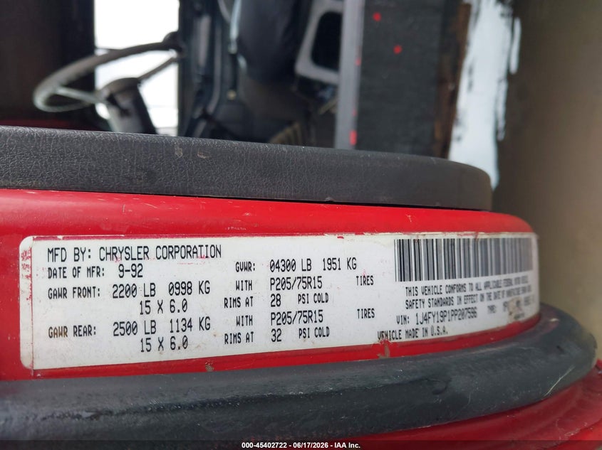 1993 Jeep Wrangler / VIN 1J4FY19P1PP207596 IAAI salvage auction — NORMAL WEAR, Clear (Illinois), sold $450 on 2026-07-18 (photo 9)