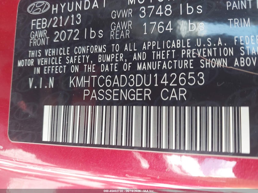 2013 Hyundai Veloster VIN KMHTC6AD3DU142653 IAAI salvage auction — NORMAL WEAR, Clear (New York), sold $250 on 2026-07-14 (photo 9)