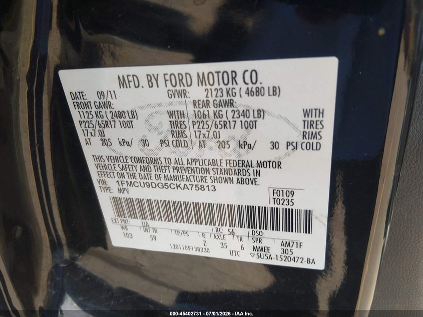 2012 Ford Escape VIN 1FMCU9DG5CKA75813 IAAI salvage auction — LEFT FRONT, Salvage (Maine), sold $650 on 2026-08-22 (photo 9)