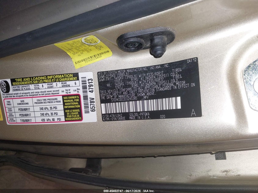 2012 Toyota Sienna VIN 5TDYK3DC2CS245385 IAAI salvage auction — NORMAL WEAR, Clear (Montana), sold $1,050 on 2026-07-17 (photo 9)