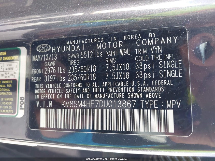 2013 Hyundai Santa fe VIN KM8SM4HF7DU013867 IAAI salvage auction — NORMAL WEAR, Original (Texas), sold $1,100 on 2026-07-14 (photo 9)
