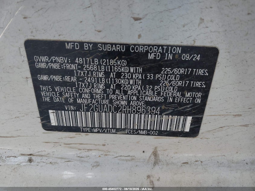 2024 Subaru Xv VIN JF2GUADC2RH896394 IAAI salvage auction — FRONT END, Salvage Title, sold $25 on 2026-07-30 (photo 9)