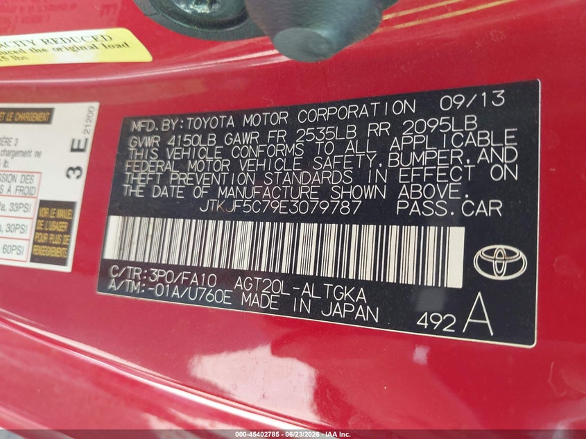 2014 Scion Tc VIN JTKJF5C79E3079787 IAAI salvage auction — NORMAL WEAR, Clear (Montana), sold $550 on 2026-07-21 (photo 9)