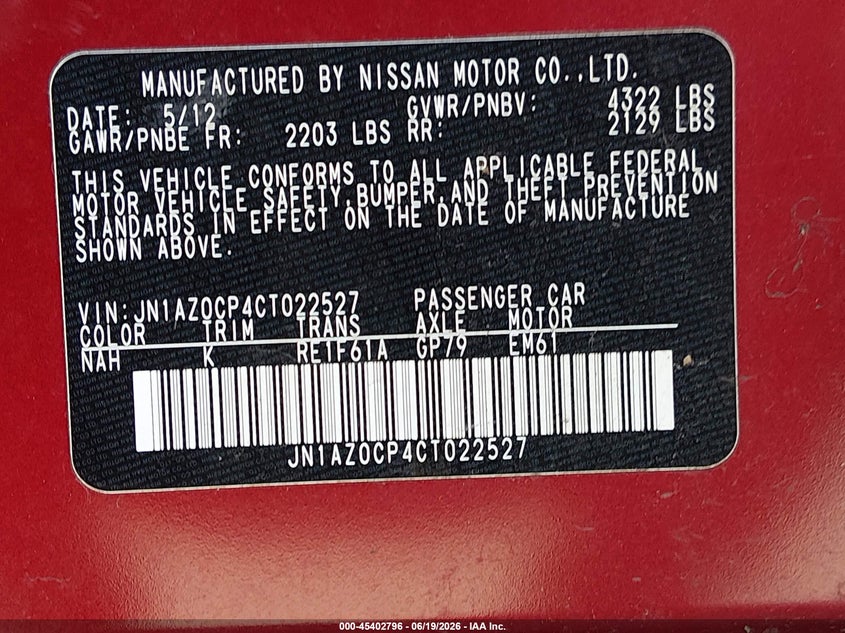 2012 Nissan Leaf VIN JN1AZ0CP4CT022527 IAAI salvage auction — NORMAL WEAR, Clear (Washington), sold $175 on 2026-07-08 (photo 9)