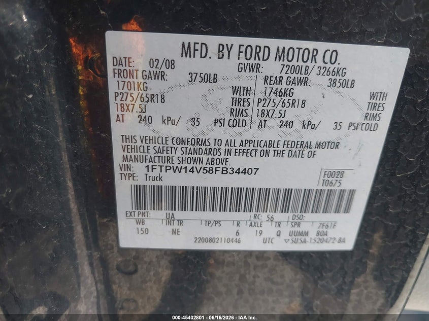 2008 Ford F-150 VIN 1FTPW14V58FB34407 IAAI salvage auction — NORMAL WEAR, Clear (Utah), sold $325 on 2026-07-09 (photo 9)