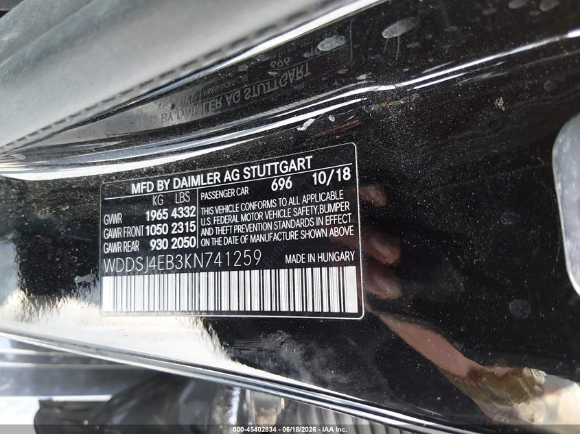 2019 Mercedes-benz Cla-klasse VIN WDDSJ4EB3KN741259 IAAI salvage auction — MECHANICAL, Salvage Title, sold $2,950 on 2026-07-23 (photo 9)