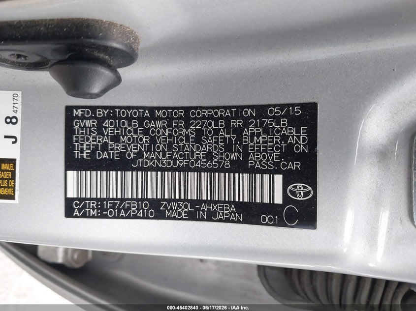 2015 Toyota Prius VIN JTDKN3DU9F0456578 IAAI salvage auction — FRONT END, Salvage Title, sold $950 on 2026-07-16 (photo 9)