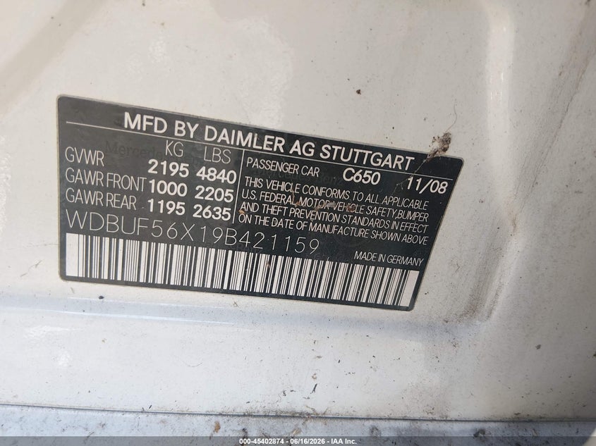 2009 Mercedes-benz E-class VIN WDBUF56X19B421159 IAAI salvage auction — NORMAL WEAR, Clear (Tennessee), sold $550 on 2026-07-16 (photo 9)