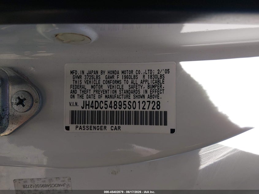 2005 Acura Rsx VIN JH4DC54895S012728 IAAI salvage auction — REAR END, Clear (Tennessee), sold $225 on 2026-07-16 (photo 9)