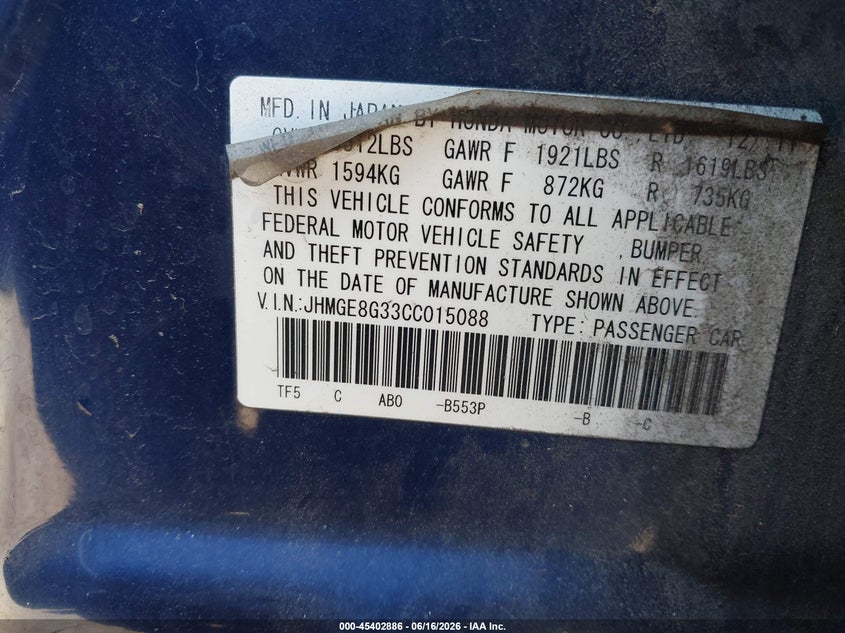 2012 Honda Fit VIN JHMGE8G33CC015088 IAAI salvage auction — NORMAL WEAR, Salvage Title - Dealer (California), sold $275 on 2026-07-29 (photo 9)