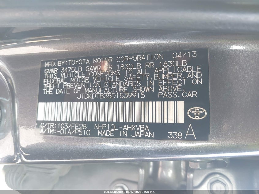 2013 Toyota Prius c VIN JTDKDTB35D1539915 IAAI salvage auction — FRONT END, Salvage Title, sold $650 on 2026-08-08 (photo 9)