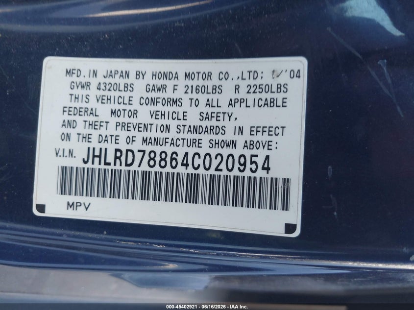2004 Honda Cr-v VIN JHLRD78864C020954 IAAI salvage auction — NORMAL WEAR, Clear - Dealer Only (California), sold $850 on 2026-07-22 (photo 9)