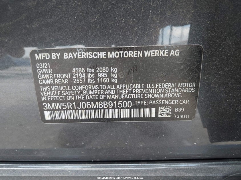 2021 BMW 3er VIN 3MW5R1J06M8B91500 IAAI salvage auction — FRONT END, Salvage Title, sold $8,900 on 2026-07-31 (photo 9)