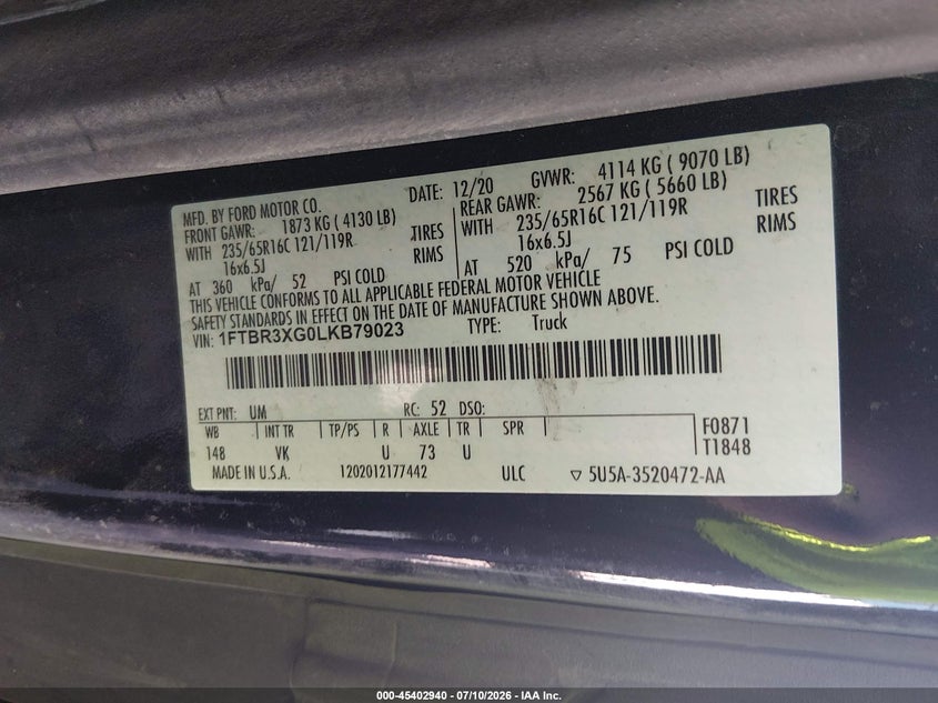 2020 Ford Transit-250 VIN 1FTBR3XG0LKB79023 IAAI salvage auction — NORMAL WEAR, Regular (Nevada), sold $7,300 on 2026-08-21 (photo 9)