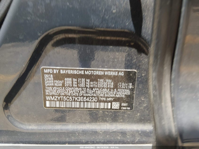 2019 Mini Countryman VIN WMZYT5C57K3E64230 IAAI salvage auction — HAIL, Salvage Title, sold $7,650 on 2026-09-01 (photo 9)