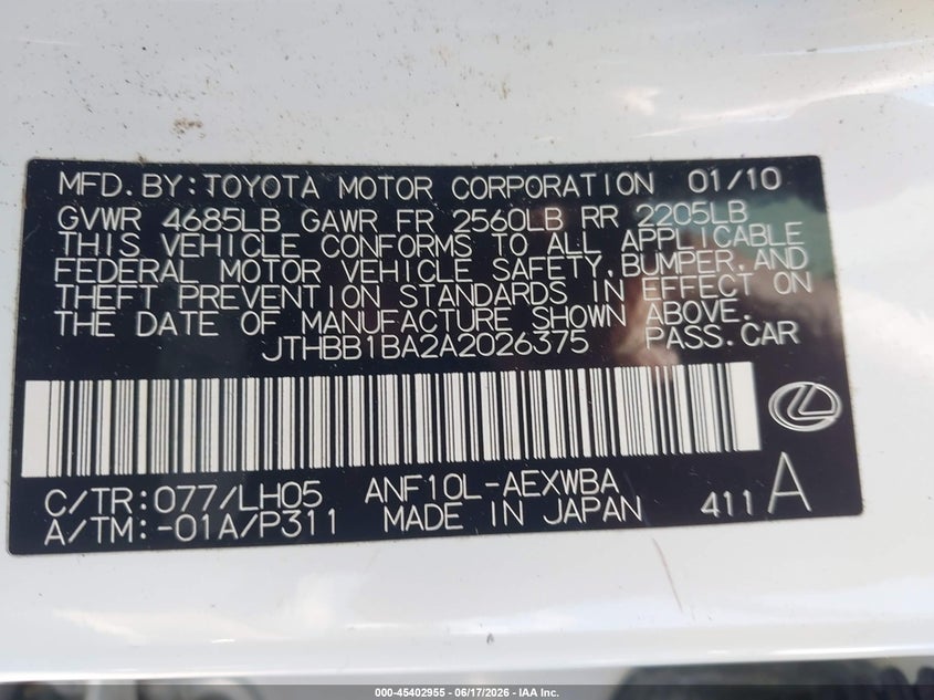 2010 Lexus Hs VIN JTHBB1BA2A2026375 IAAI salvage auction — FRONT END, Salvage (Georgia), sold $700 on 2026-07-24 (photo 9)