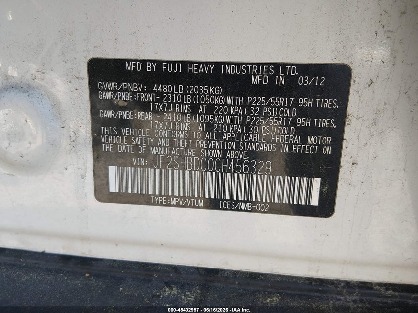 2012 Subaru Forester VIN JF2SHBDC0CH456329 IAAI salvage auction — NORMAL WEAR, Original (Ohio), sold $375 on 2026-07-22 (photo 9)