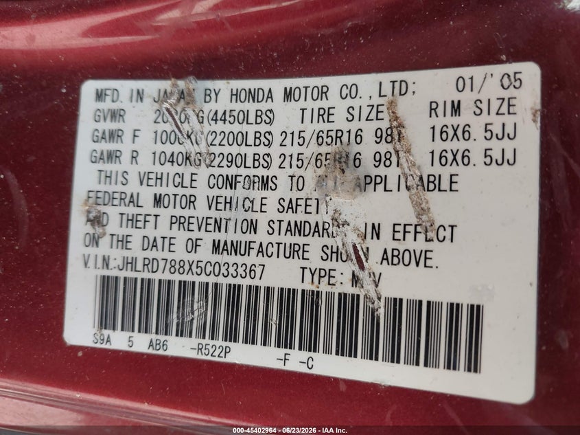 2005 Honda Cr-v VIN JHLRD788X5C033367 IAAI salvage auction — NORMAL WEAR, Clear (Florida), sold $300 on 2026-07-08 (photo 9)