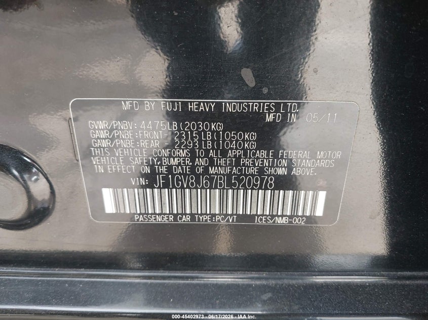 2011 Subaru Impreza VIN JF1GV8J67BL520978 IAAI salvage auction — RIGHT FRONT, Salvage (California), sold $2,200 on 2026-08-01 (photo 9)