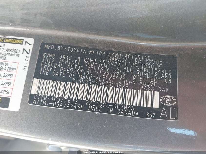 2006 Toyota Matrix VIN 2T1KR32E66C623629 IAAI salvage auction — NORMAL WEAR, Clear-Dealer Only (Arizona), sold $1,200 on 2026-07-09 (photo 9)