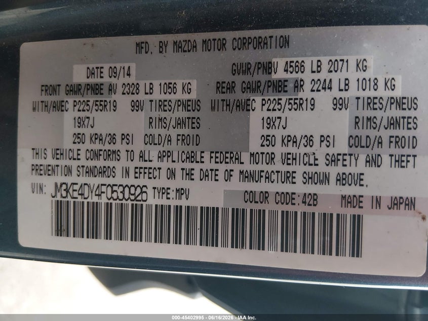 2015 Mazda Cx-5 VIN JM3KE4DY4F0530926 IAAI salvage auction — NORMAL WEAR, Clear (Missouri), sold $2,550 on 2026-07-14 (photo 9)