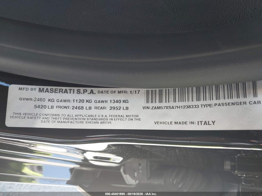 2017 Maserati Ghibli VIN ZAM57XSA7H1238333 IAAI salvage auction — FRONT END, Salvage (California), sold $5,900 on 2026-07-11 (photo 9)
