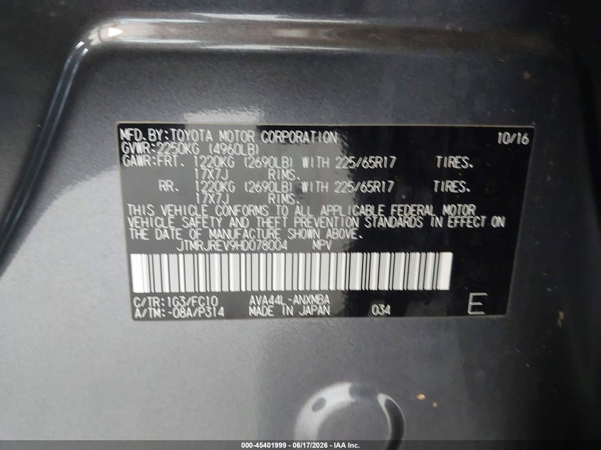 2017 Toyota Rav 4 VIN JTMRJREV9HD078004 IAAI salvage auction — FRONT END, Bill Of Sale (Washington), sold $2,150 on 2026-07-15 (photo 9)