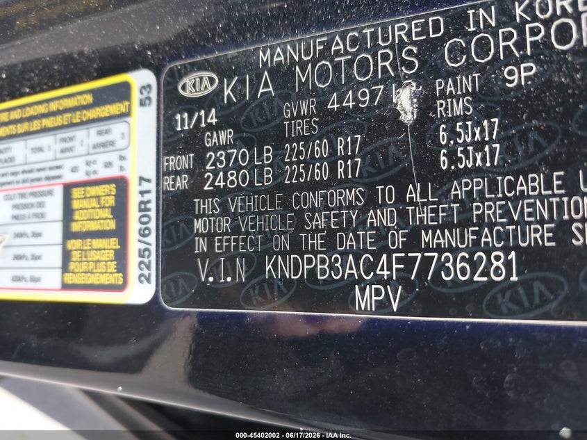 2015 Kia Sportage VIN KNDPB3AC4F7736281 IAAI salvage auction — NORMAL WEAR, Original (Texas), sold $700 on 2026-07-20 (photo 9)