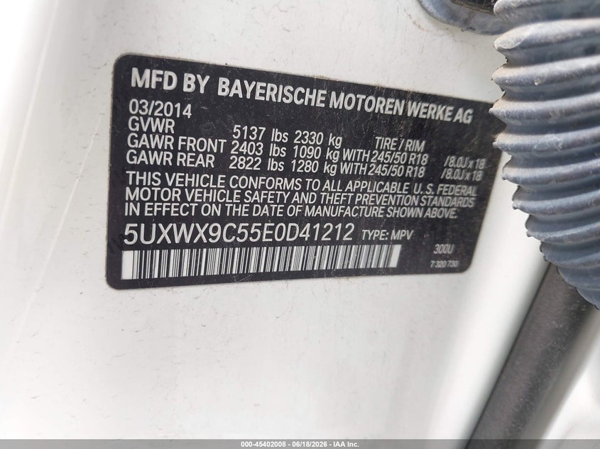 2014 BMW X3 VIN 5UXWX9C55E0D41212 IAAI salvage auction — FRONT END, Salvage (Texas), sold $1,050 on 2026-07-22 (photo 9)