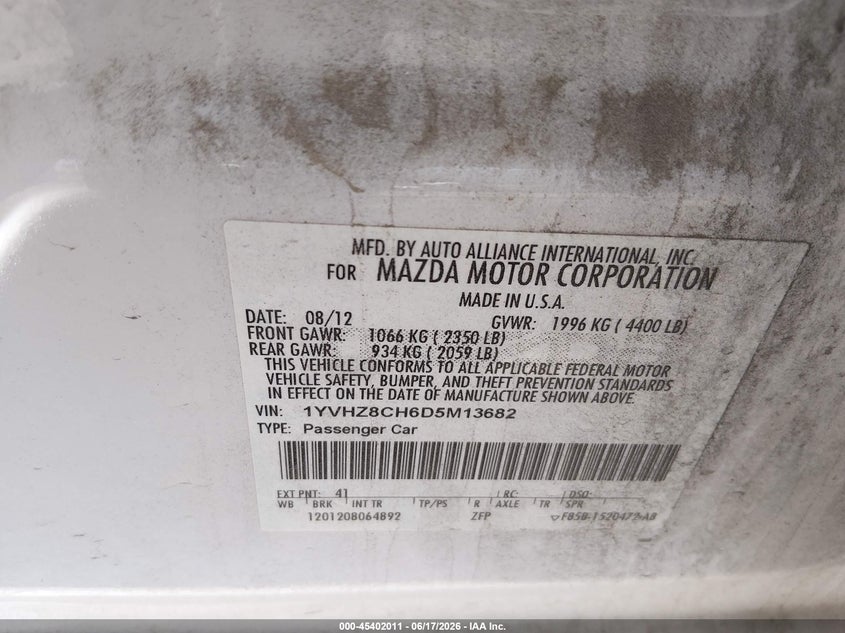 2013 Mazda VIN 1YVHZ8CH6D5M13682 IAAI salvage auction — FRONT END, Salvage (Texas), sold $350 on 2026-07-22 (photo 9)