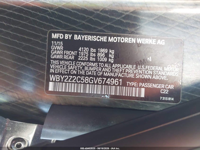 2016 BMW I8 VIN WBY2Z2C58GV674961 IAAI salvage auction — MECHANICAL, Clear - Dealer Only (California), sold $18,550 on 2026-07-20 (photo 9)