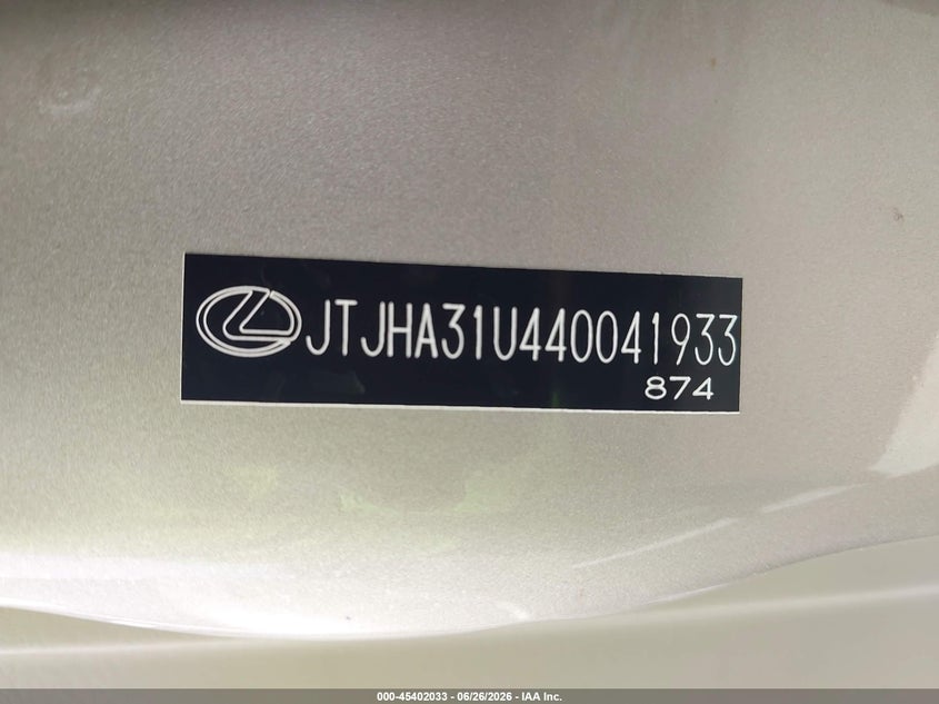 2004 Lexus Rx 330 VIN JTJHA31U440041933 IAAI salvage auction — SIDE, Salvage (Mississippi), sold $25 on 2026-07-30 (photo 9)