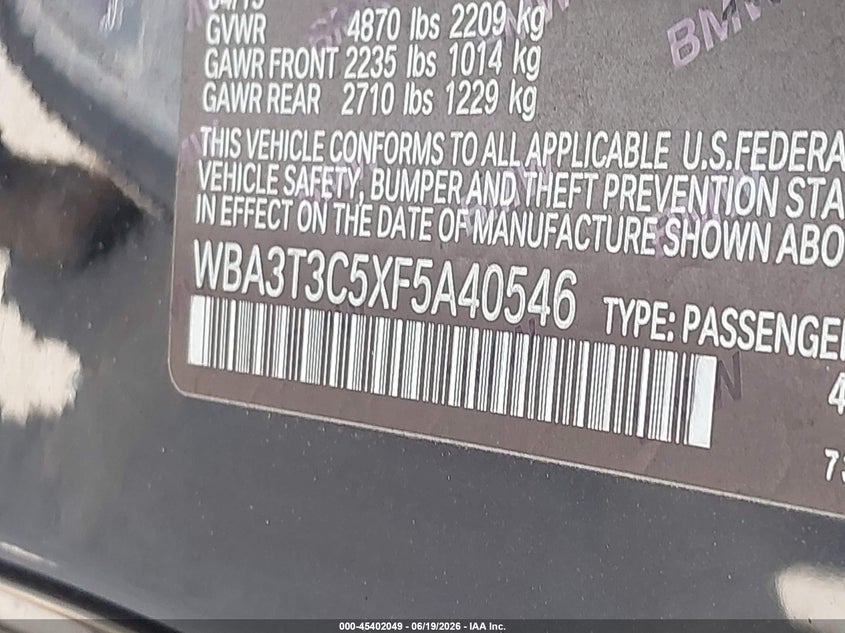 2015 BMW 4er VIN WBA3T3C5XF5A40546 IAAI salvage auction — WATER/FLOOD, Salvage Title, sold $1,900 on 2026-08-21 (photo 9)