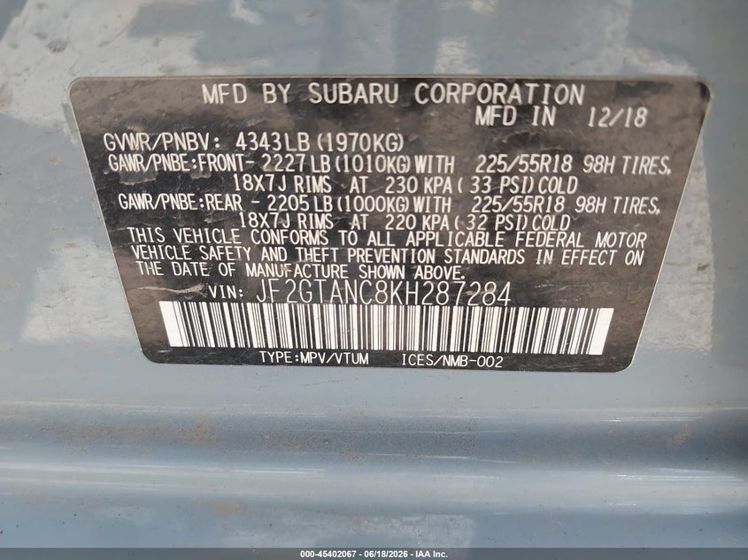 2019 Subaru Xv VIN JF2GTANC8KH287284 IAAI salvage auction — RIGHT FRONT, Salvage (Montana), sold $6,800 on 2026-08-02 (photo 9)